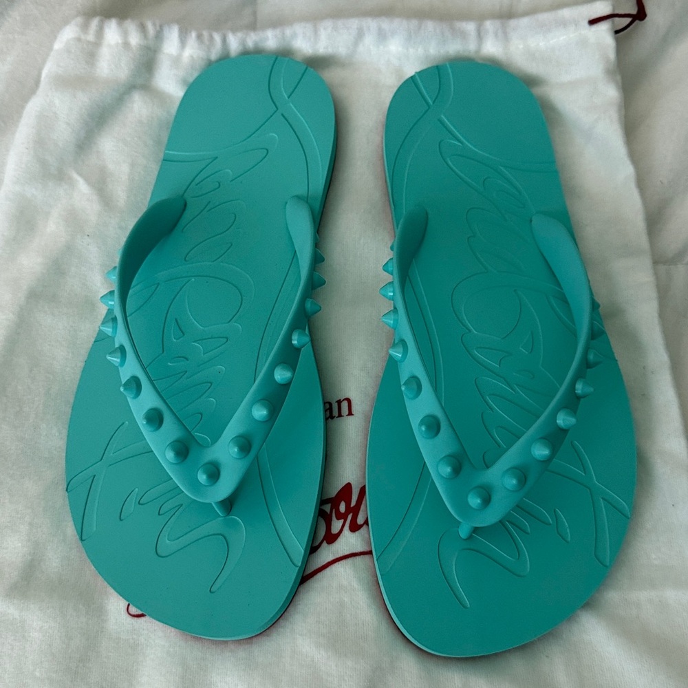 Christian Louboutin Aqua Flip Flops with Red Soles - Picture 3 of 4